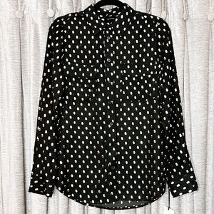 NWT Who What Wear Black Button Down Shirt with Gold & White Polka Dots Medium